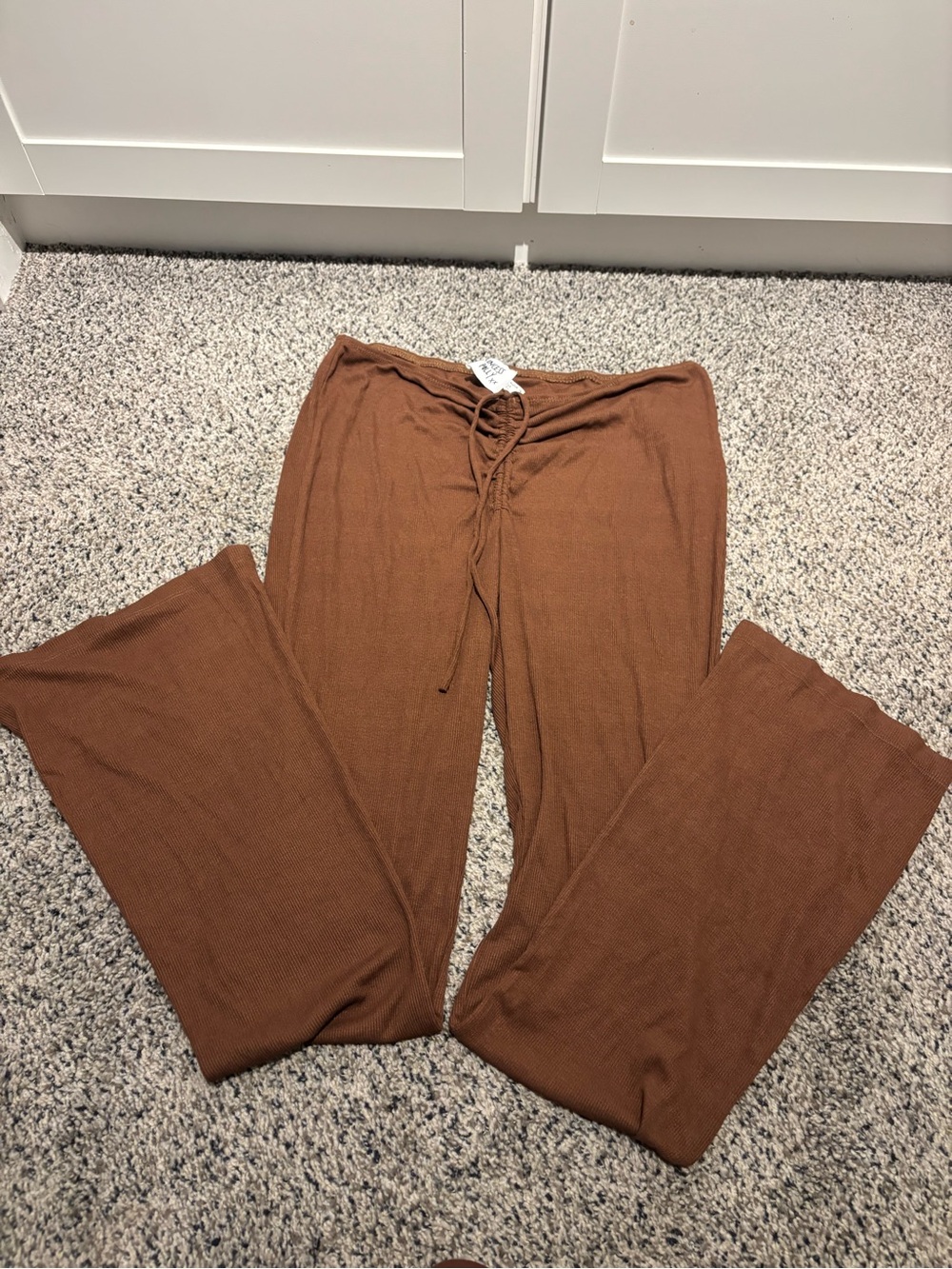 Princess Polly Ribbed Wide-Leg Drawstring Pants - Rust Brown